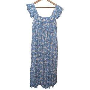 Ruffle Nap Dress Women's Size Large Linen Blend Floral Maxi Cottagecore Smocked